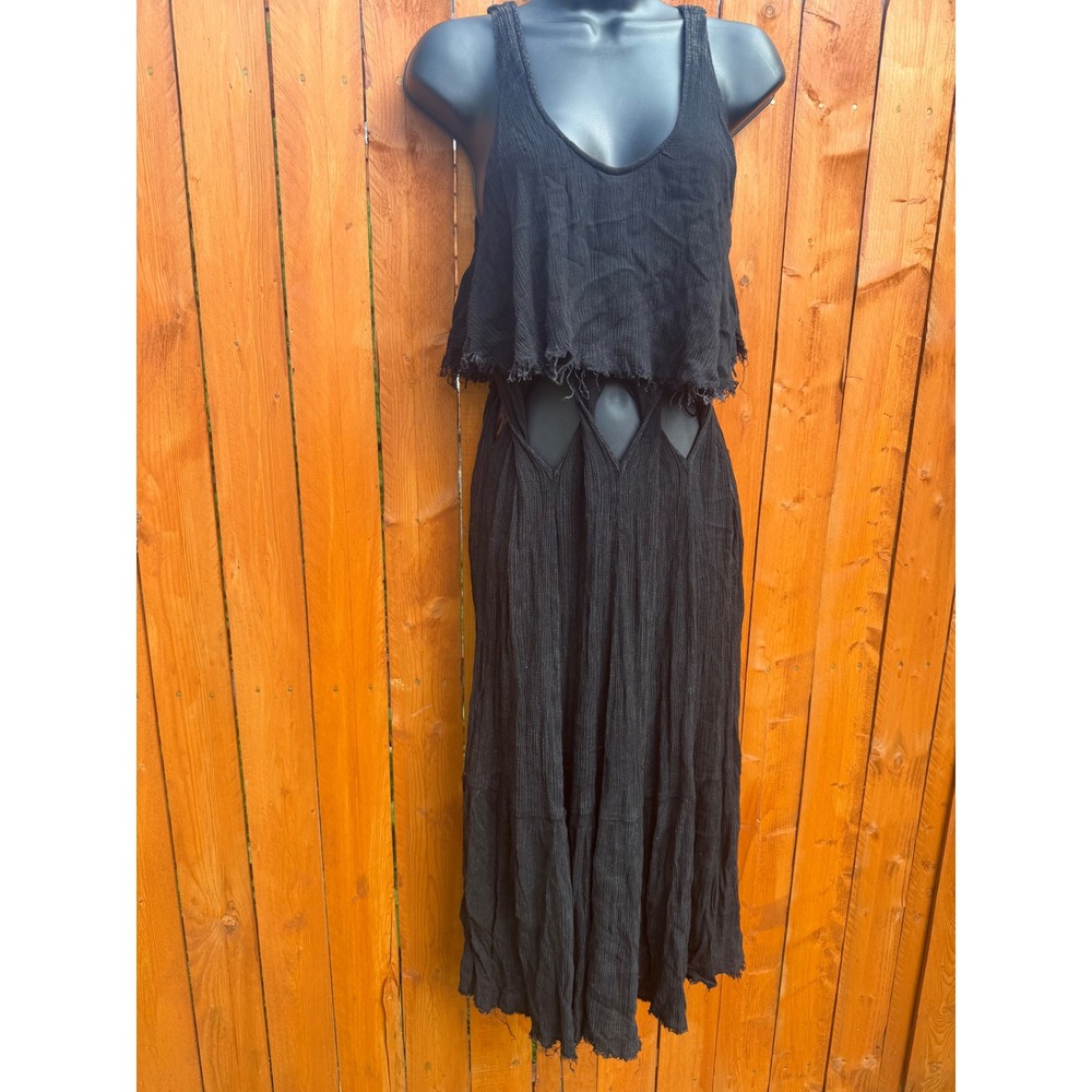 Anama Black Crinkle Gauze Cutout Maxi Dress Raw Hem Whimsigoth Large